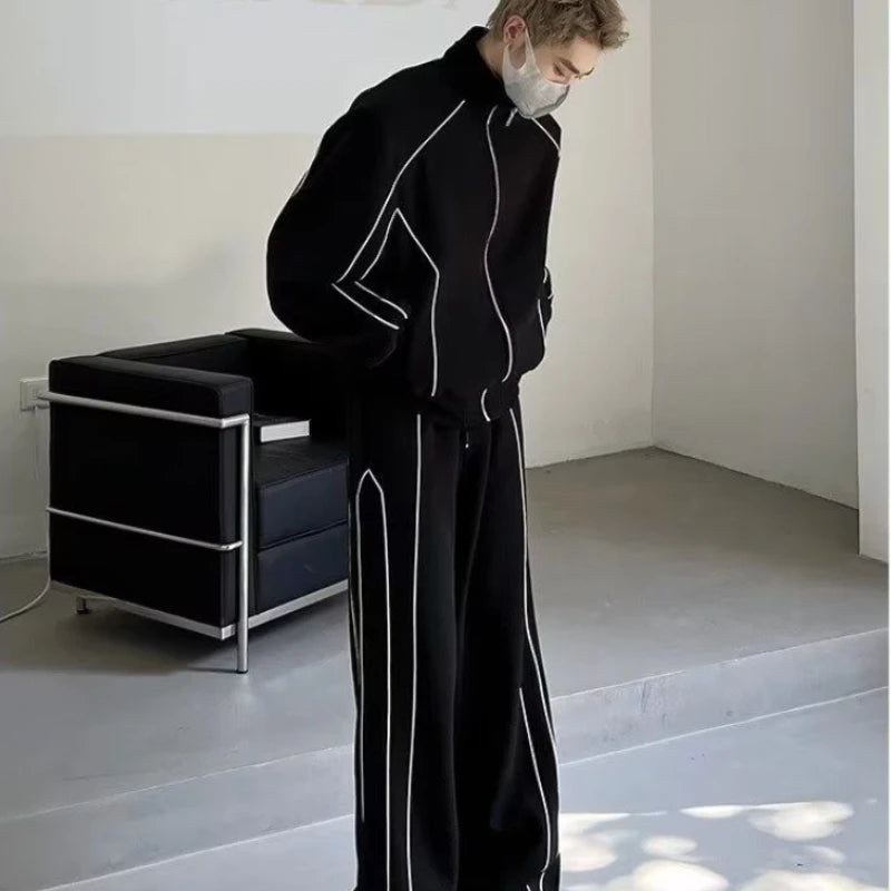 Aidase Japanese Atmosphere Outfit Casual Sports Suit for Men Korean Style Spliced Reflective Jacket Loose Stripes Wide-leg Sweatpants aidase-shop