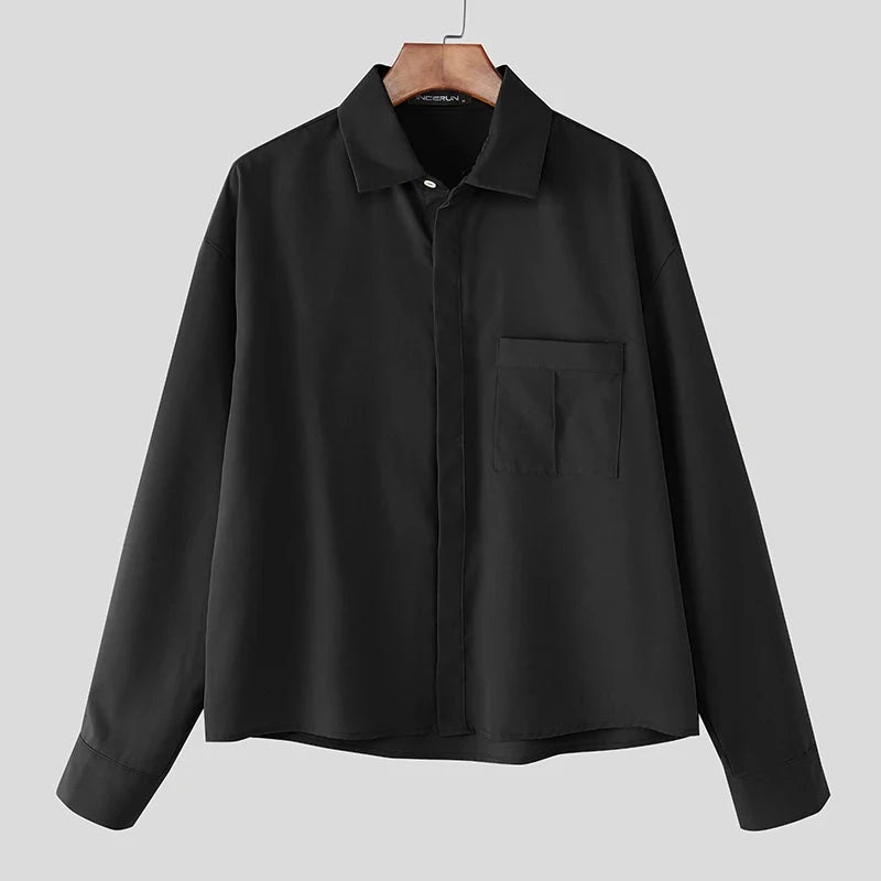 AIDASE  -  Men Casual Shirt Solid Color Lapel Long Sleeve Button Men Clothing Streetwear Loose 2025 Fashion Male Crop Tops Shirts aidase-shop