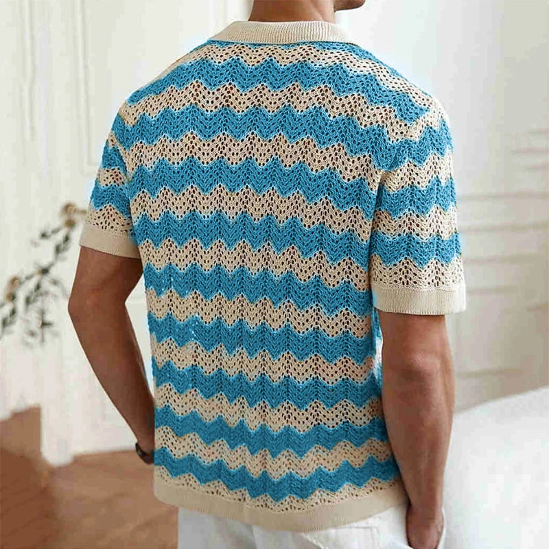 AIDASE  -  Mens Beach Vintage Striped Crochet Knit Cardigans Men Summer Trendy Lapel Button-up Shirt New Casual Hollow Out Knitted Shirts aidase-shop