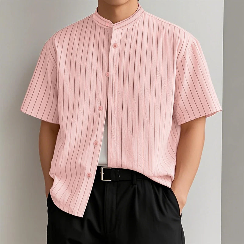 AIDASE  -  Men Striped Shirt Stand Collar Short Sleeve Button Loose Men Clothing Summer Streetwear 2025 Fashion Casual Male Shirts aidase-shop