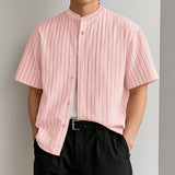 AIDASE  -  Men Striped Shirt Stand Collar Short Sleeve Button Loose Men Clothing Summer Streetwear 2025 Fashion Casual Male Shirts aidase-shop