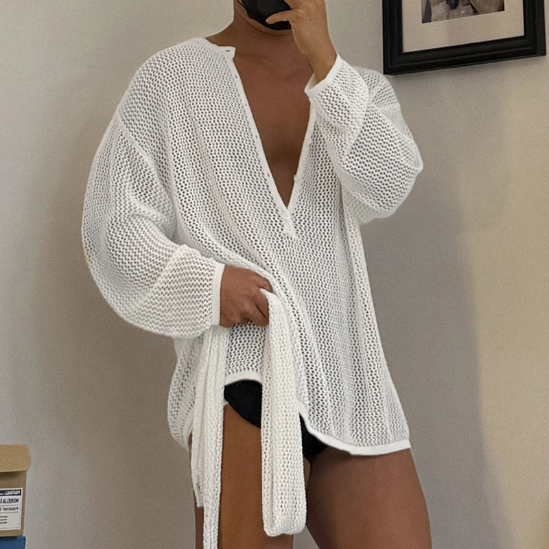 AIDASE  -  Men Sweater Solid V Neck Long Sleeve Hollow Out See Through Male Pullovers Streetwear Loose Fashion Casual Men Clothing aidase-shop