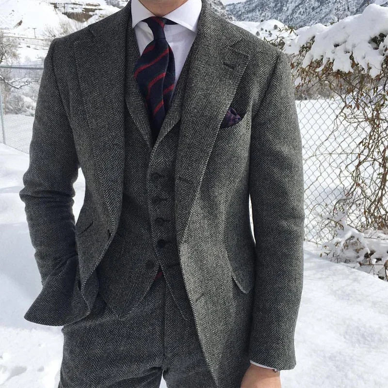 Aidase Herringbone Wool Grey Men Suits For Formal Business Groom Wedding Tuxedo 3 Piece Tweed Man Set Jacket Waistcoat with Pants aidase-shop