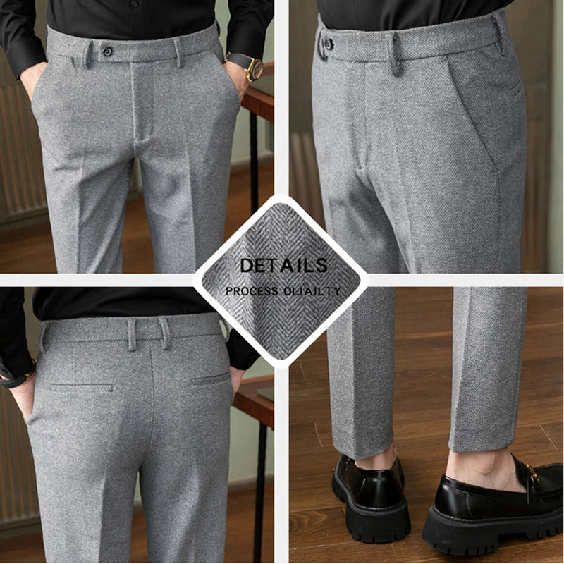 Autumn/Winter New Gray Woolen Pants Men Fashion Casual Sanded Trousers Size 28-36 Slim Suit Pantalon for Men aidase-shop