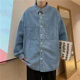 AIDASE  -  Denim Long-sleeved Shirt Men's Solid Color Autumn Korean Style Trendy Simple Shirt Hong Kong Style Loose and Handsome Ins Jacket aidase-shop