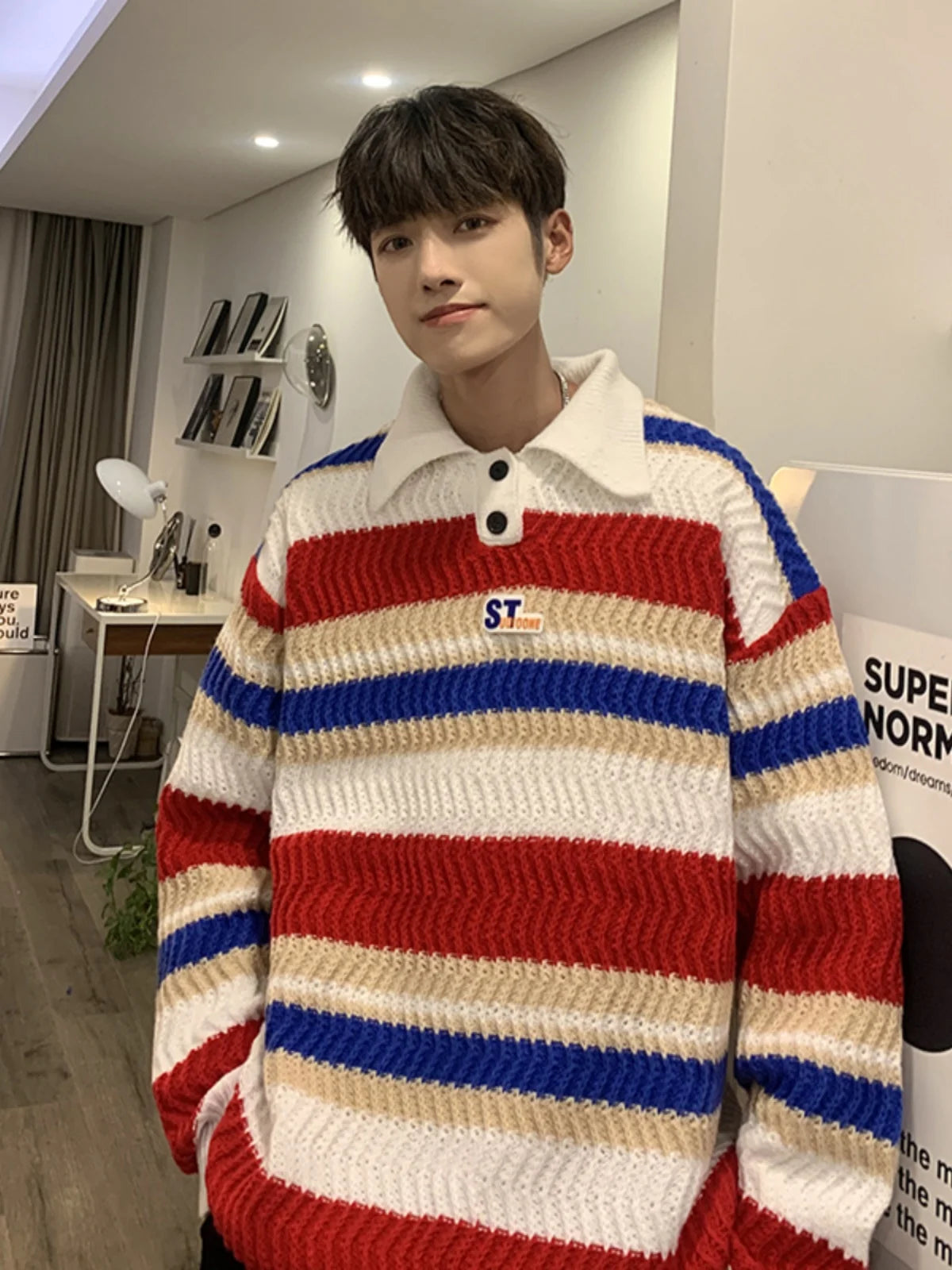 AIDASE  -  Rainbow Stripes  Ne Oversize Knitwear Men Lazy Sle Couple Sweater Autumn Winter New Arrival Casual Loose Fit Long Sve aidase-shop