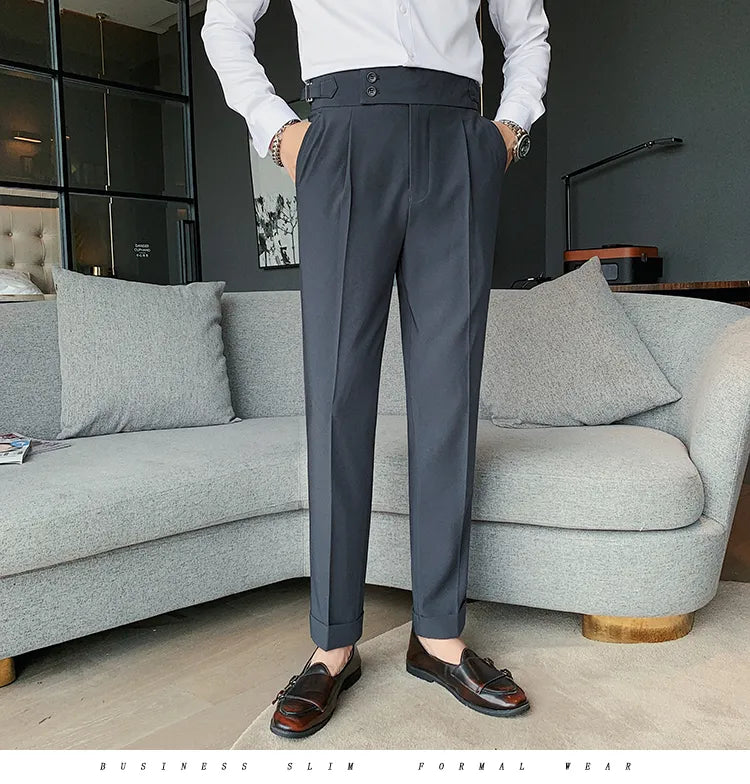 Men British Style Suits Pants New Male Solid High Waist Trousers High Quality Men Formal Slim Fit Business Casual Suit Pants aidase-shop