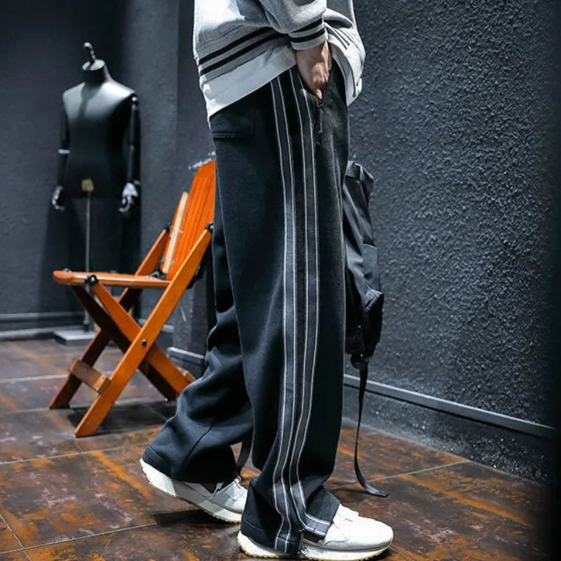 Aidase Trousers Straight Men's Sweatpants Autumn and Winter Male Sports Pants Striped Cotton Elastic Wide Baggy Tracksuit Bottoms Retro aidase-shop