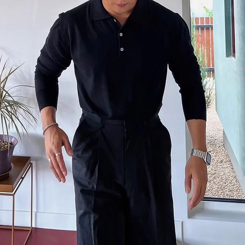 AIDASE  -  Slim Fit Button-up Turn-down Collar Knit Polo Shirt Fall Fashionable Mens Long Sleeve Polos Trendy Men's Solid Color Polo Shirts aidase-shop