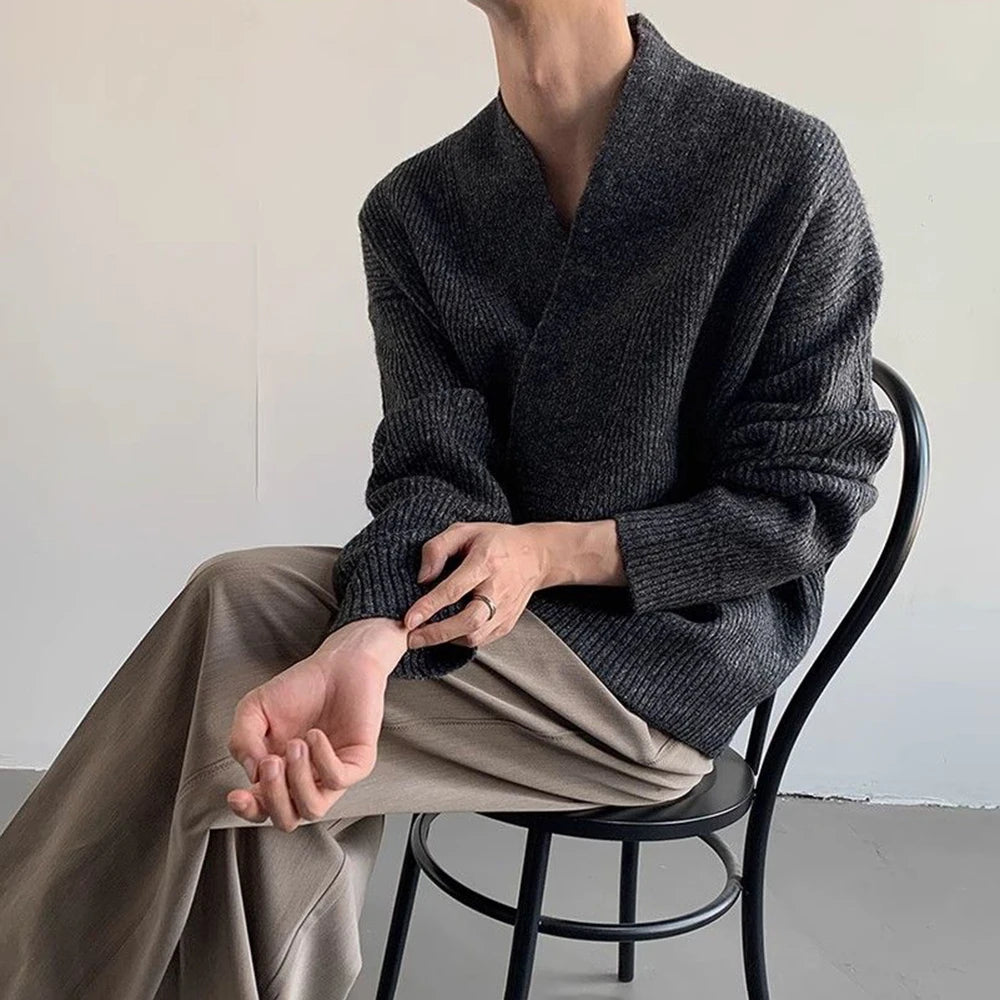 AIDASE  -  American High Street Fashion Solid Color Sweater Jacket Autumn And Winter Irregular Oblique Button V-Neck Cardigan Sweater Men aidase-shop