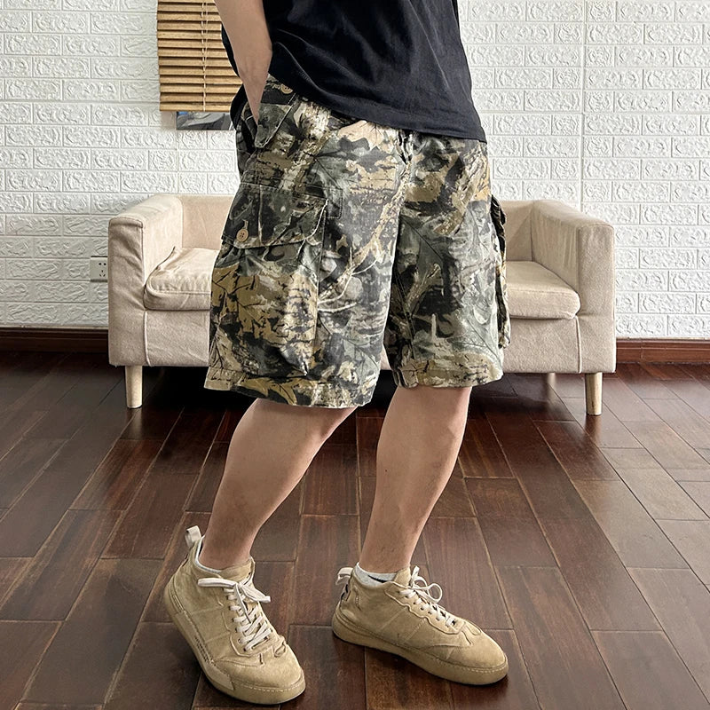 Aidase High Street Fashion Leaf Printed Shorts for Men Multi Pockets Loose Streetwear 24ss Y2k Youth Male Workwear Baggy Half Pants aidase-shop