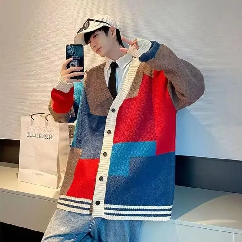 AIDASE  -  Men's Cardigan Sweater Contrast Color Patchwork Knitted Loose Coat Versatile Elegant Personality Fashion Menswear 21E7647 aidase-shop