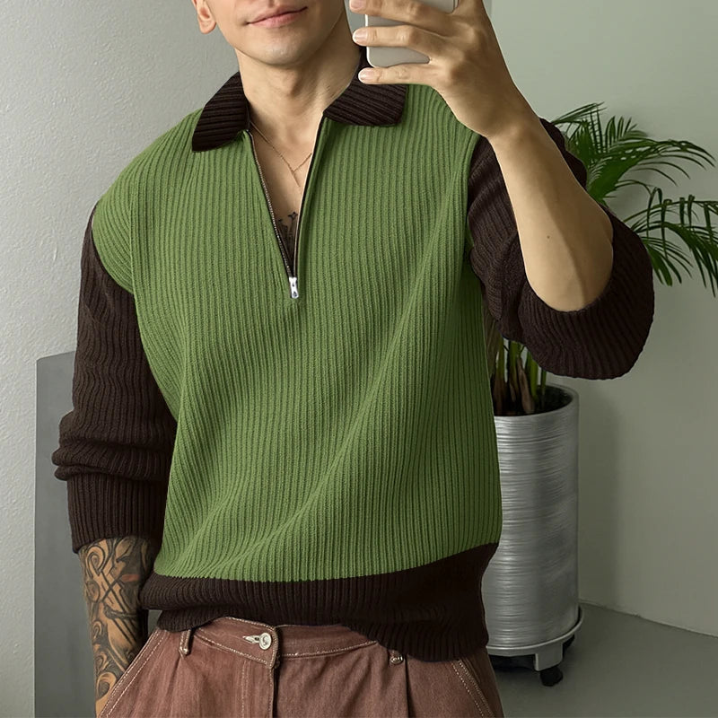 AIDASE  -  Men Sweaters Patchwork Knitted Lapel Long Sleeve Zipper Male Pullovers Streetwear 2025 Autumn Casual Men Clothing S-5XL aidase-shop