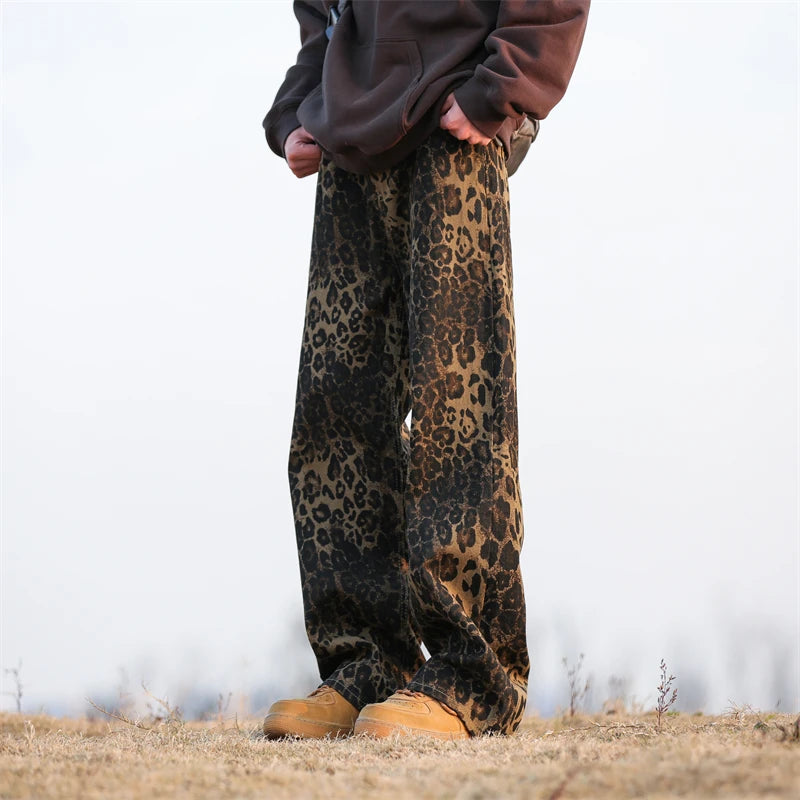 Aidase Leopard Print Jeans Men Fashion Retro Wide Leg Jeans Men Streetwear Hip-hop Loose Straight Jeans Mens Vintage Denim Trousers aidase-shop