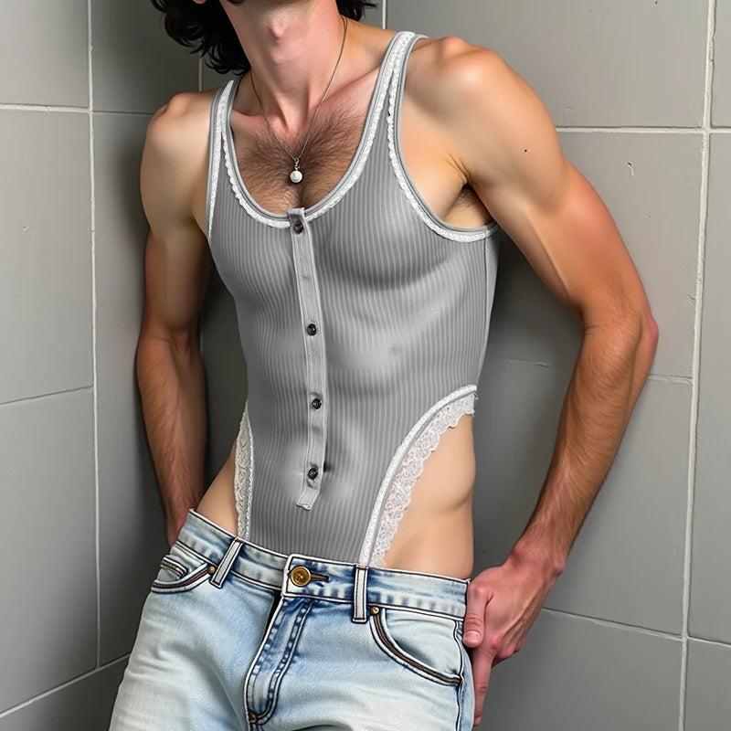 AIDASE  -  Men Bodysuits Lace Striped Patchwork O-neck Button Sleeveless Male Rompers Sexy 2025 Skinny Fashion Cozy Bodysuit Men aidase-shop