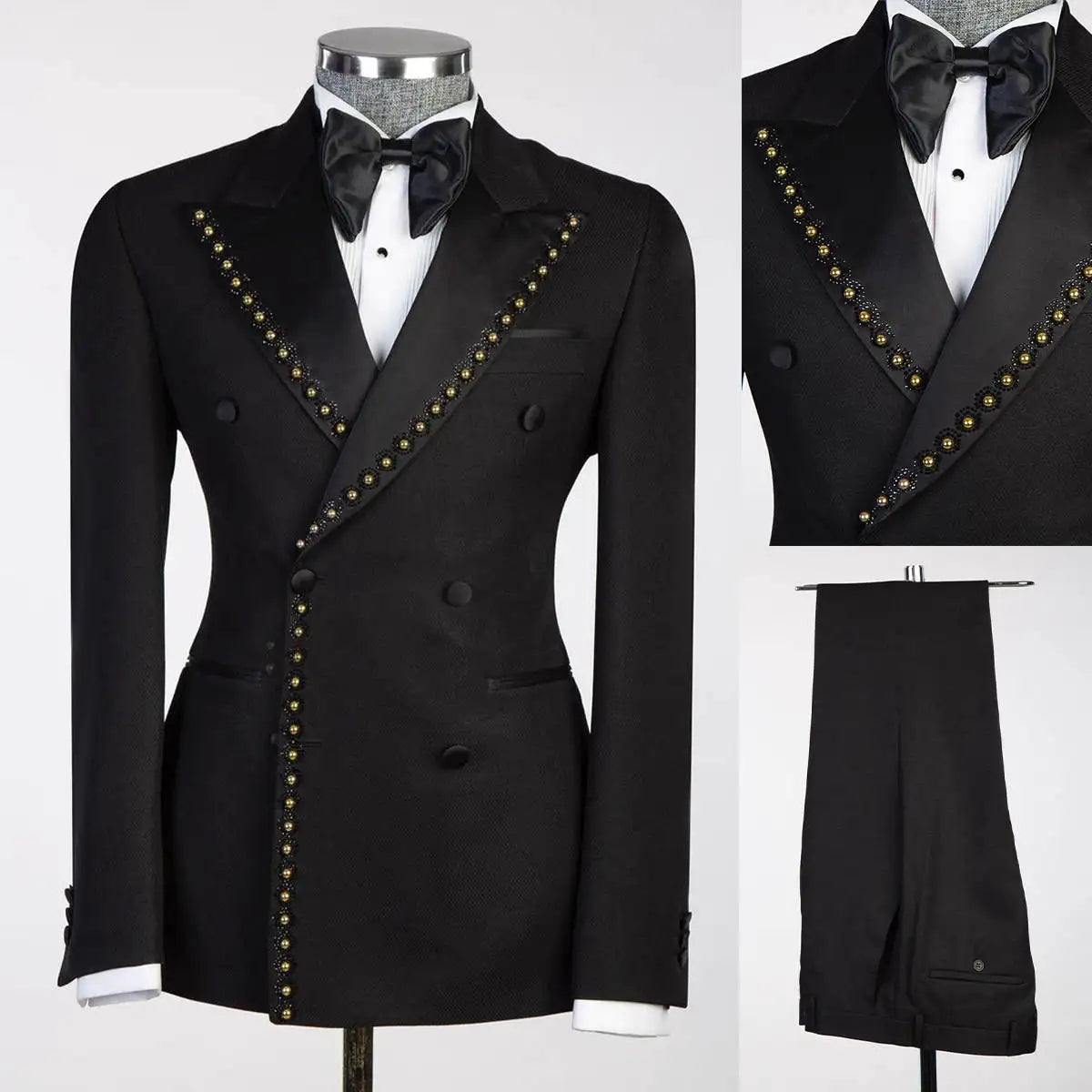 Aidase Luxury Men Wedding Suits Peaked Lapel Double Breasted Beaded Tuxedos Groom Evening 2 Psc Blazer Pants Custom Made aidase-shop