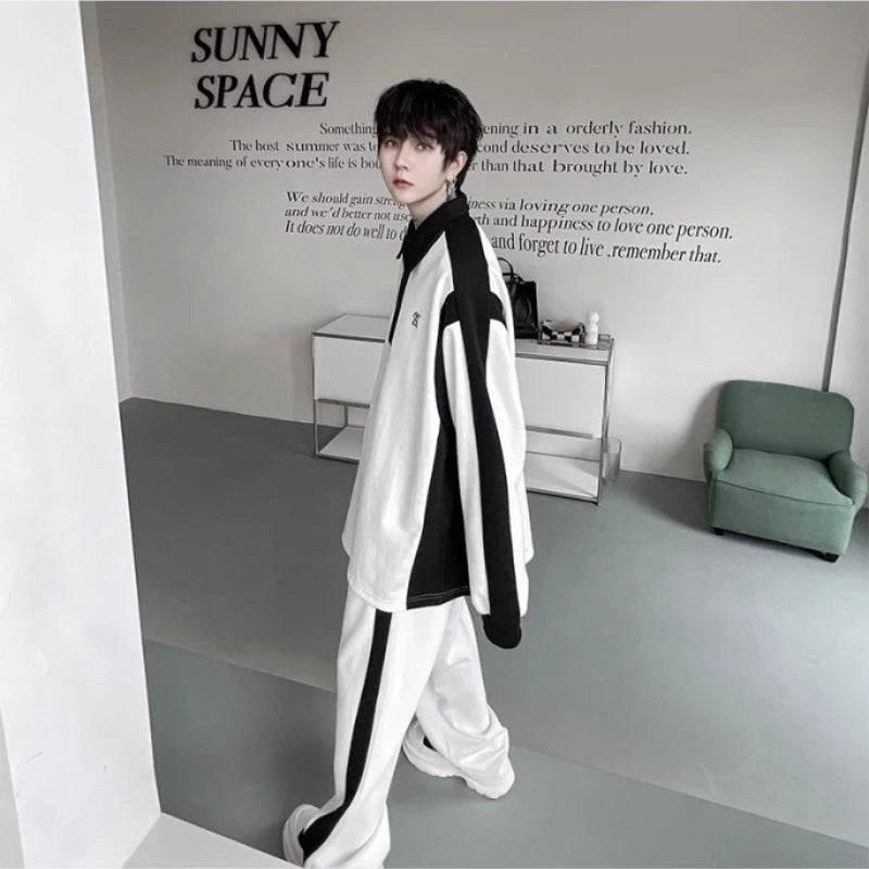 Elegant Black White Color Contrast Sports Shirt Set Long Sleeved Polo Shirt Sweatpants Two Piece Set Casual Handsome Tracksuit aidase-shop
