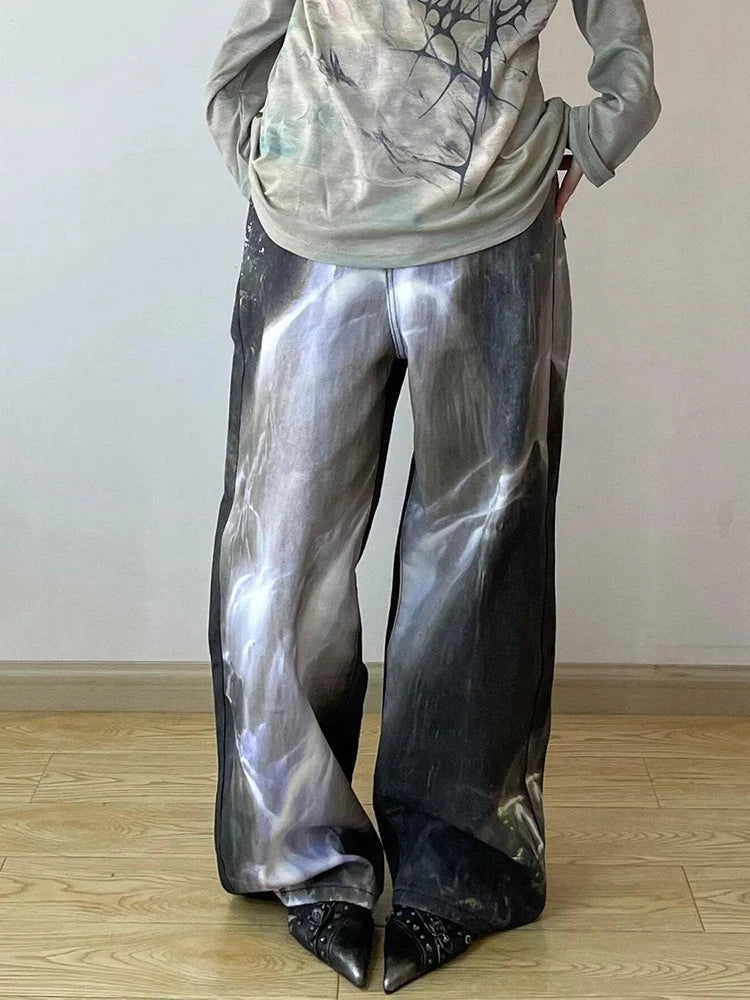 AIDASE  -  American Retro High Waist Full Length Jeans Street Waterfall Print Hip-hop Baggy Pants Women's Casual Y2K Grunge Denim Trouser aidase-shop