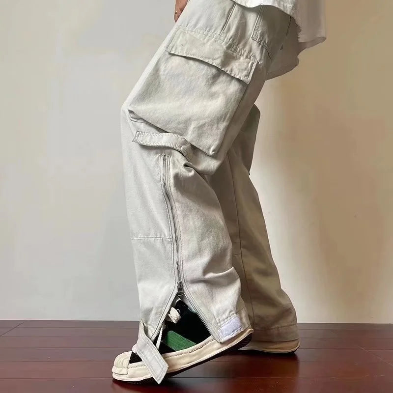 Summer thin American retro Multi Pocket overalls for men trousers and women loose ins fashion brand white straight casual pants Maytrends