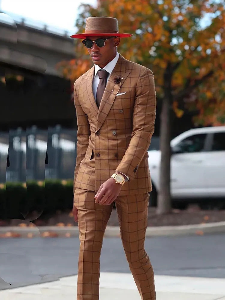 Aidase Plaid Men Suit Tailor-Made Fashion 2 Pieces Blazer Pants Double Breasted Lapel Formal Business Causal Party Tailored aidase-shop