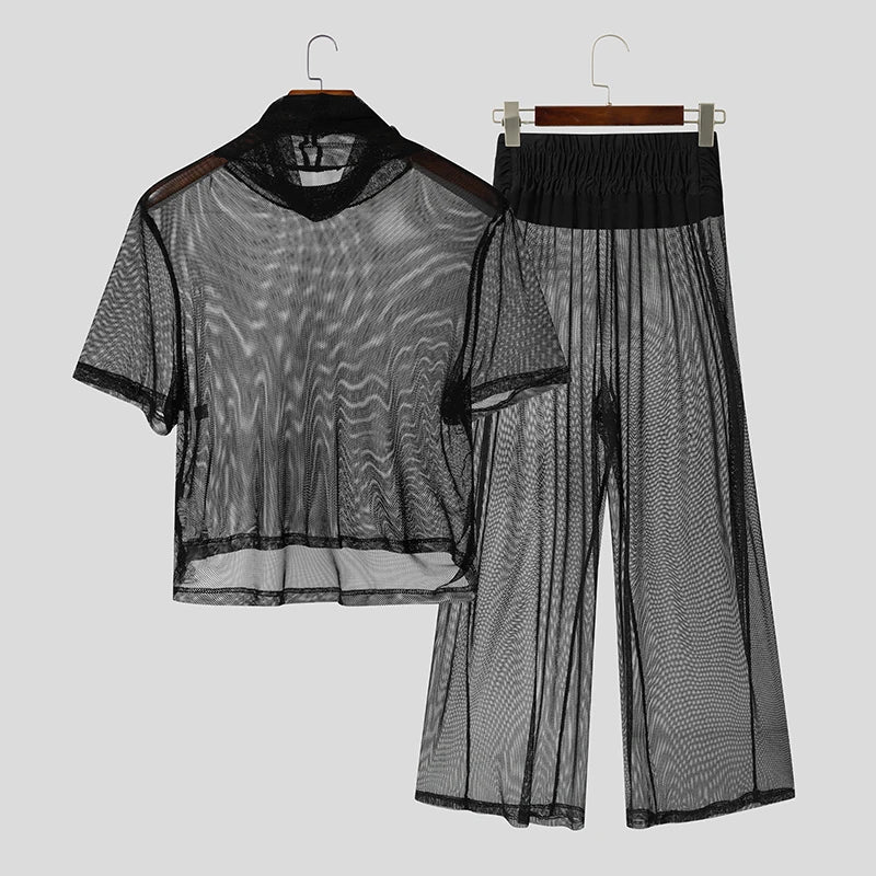AIDASE  -  Men Sets Mesh See Through Sexy Turtleneck Short Sleeve T Shirt & Pants 2PCS Streetwear Summer 2025 Fashion Men's Suits aidase-shop
