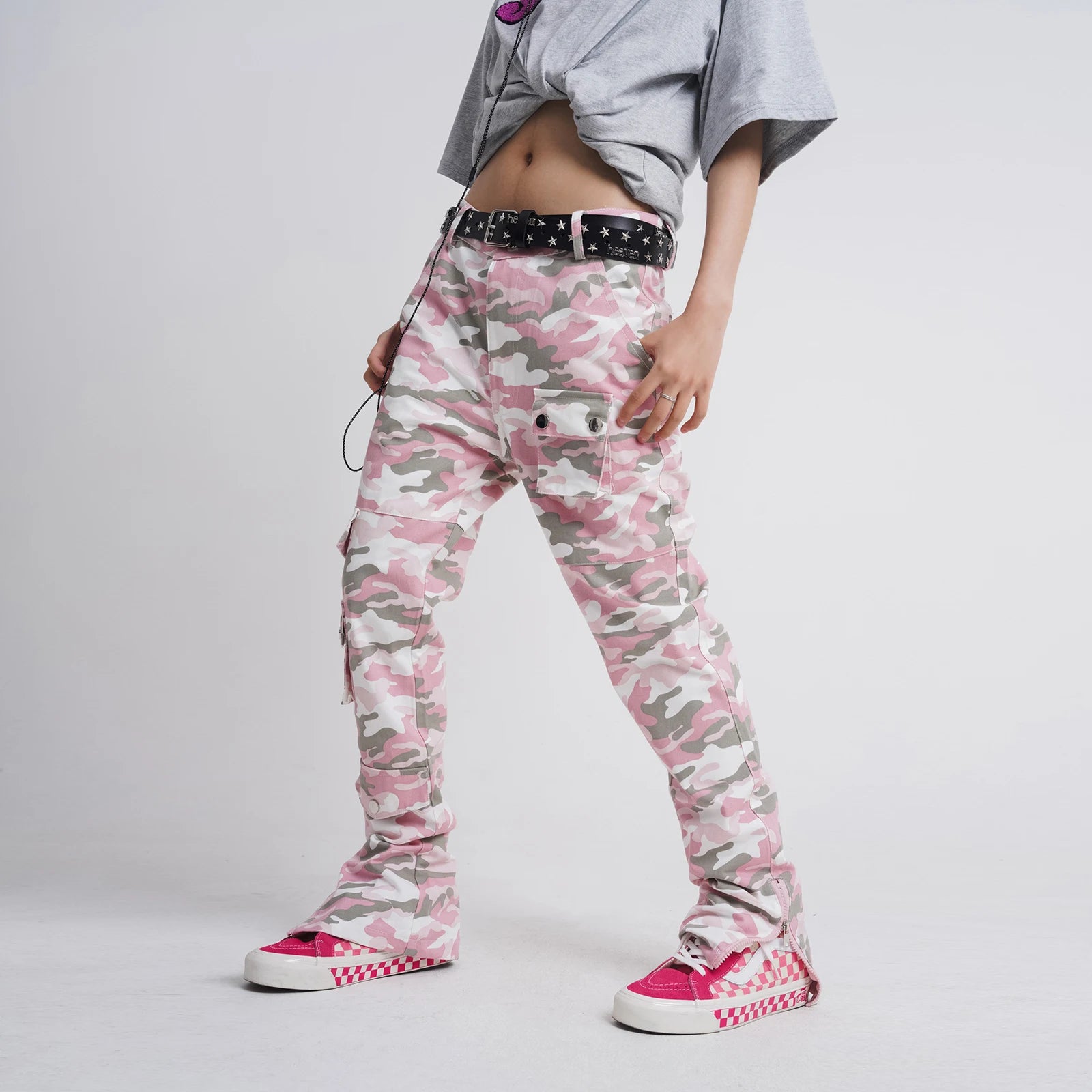 Aidase Fashion Streetwear Pink Camouflage Cargo Pants Hip Hop Multi-pocket Zip Up Trousers Flared Men Y2k Slim Fit Casual Pants Baggy aidase-shop