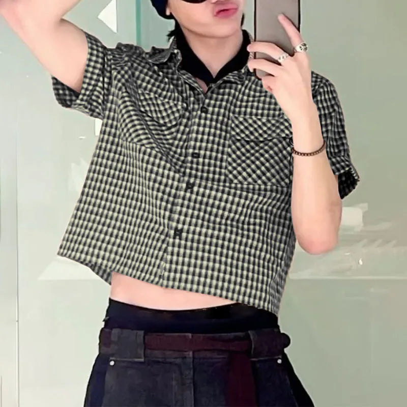 AIDASE  -  Men Plaid Shirt Lapel Short Sleeve Pockets Korean Style Men Clothing Summer Loose 2025 Streetwear Causal Male Crop Tops aidase-shop