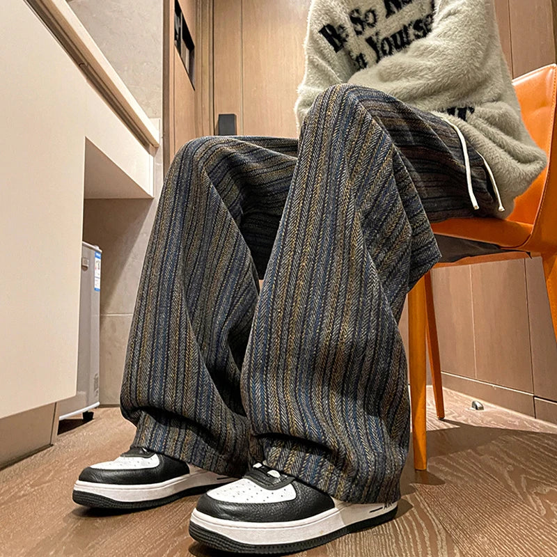 Aidase Wool Men's Pants Autumn and Winter Thickened High Waisted Small Leg Pants Casual Business Striped Contrast Wool Pants Warm aidase-shop