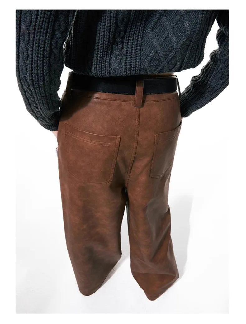 Aidase Spring Autumn Long Loose Casual Brown Pu Leather Pants Men Wide Leg LUxury Designer Unisex Trousers Fashions aidase-shop