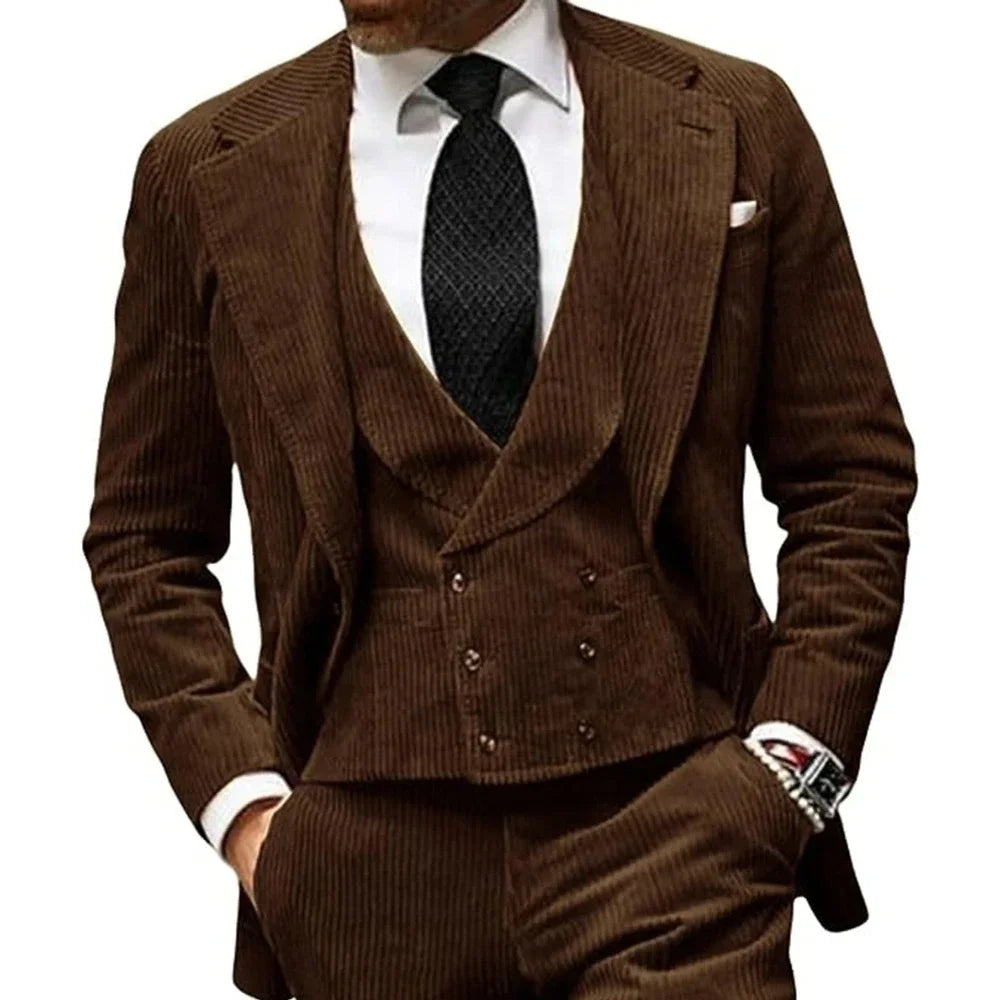 Aidase Autumn Winter Corduroy Suit For Men Single Breasted Peaked Lapel Business Casual Male Blazer Vest Pants 3Pcs Set Wedding costume aidase-shop