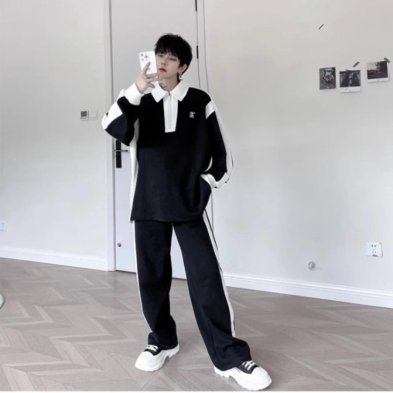 Elegant Black White Color Contrast Sports Shirt Set Long Sleeved Polo Shirt Sweatpants Two Piece Set Casual Handsome Tracksuit aidase-shop