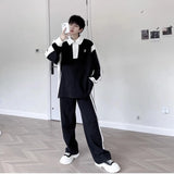 Elegant Black White Color Contrast Sports Shirt Set Long Sleeved Polo Shirt Sweatpants Two Piece Set Casual Handsome Tracksuit aidase-shop