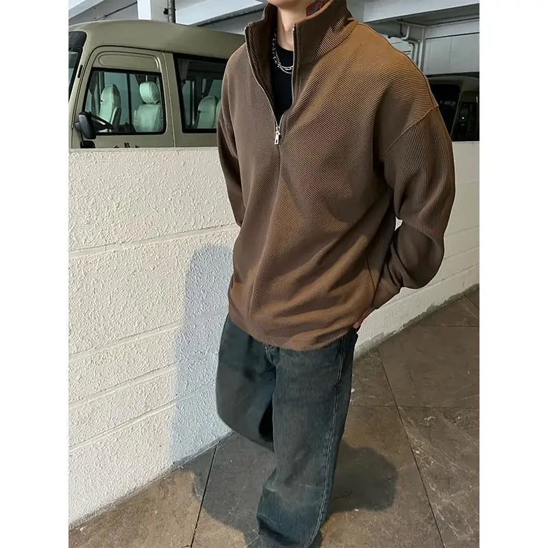 AIDASE  -  Ribbed Textured Fabric Semi-Zip Hoodie with Loose Shoulders aidase-shop