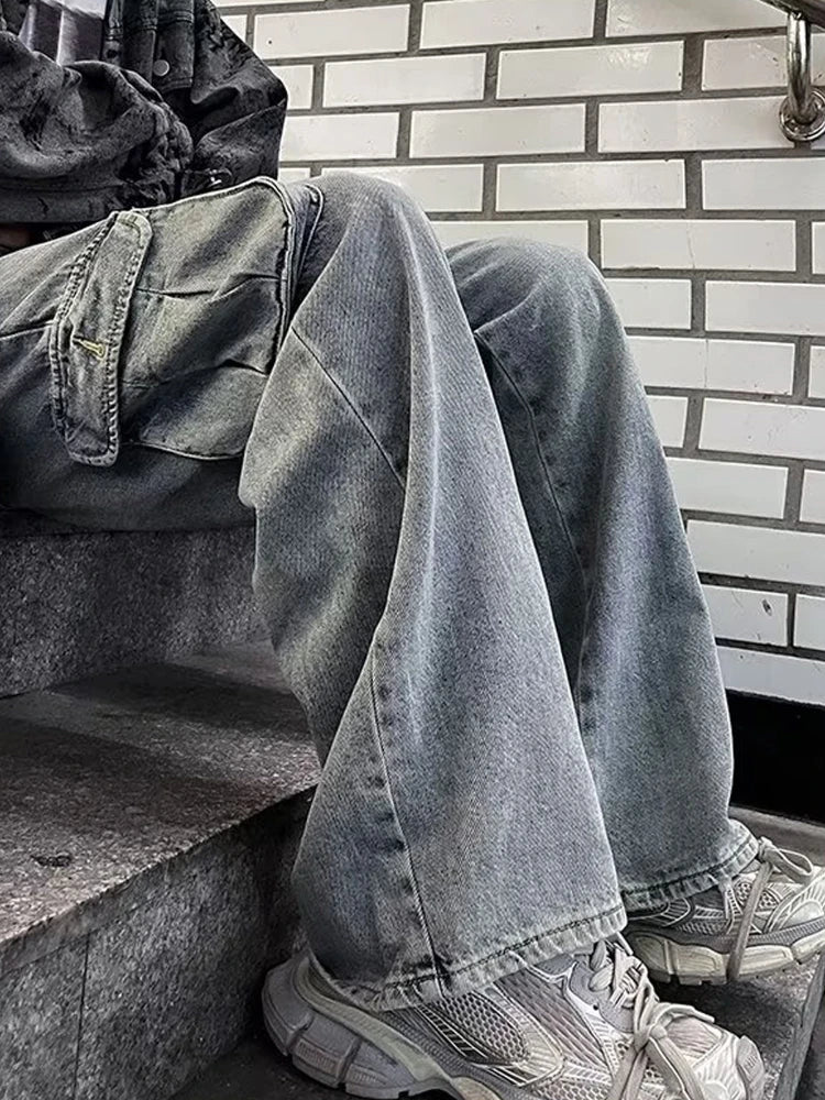 Aidase Men Jeans Multi Pockets Daily Hip Hop Casual Chic Teenagers All-match Mopping Washed Trousers Comfortable Classic Korean Style aidase-shop