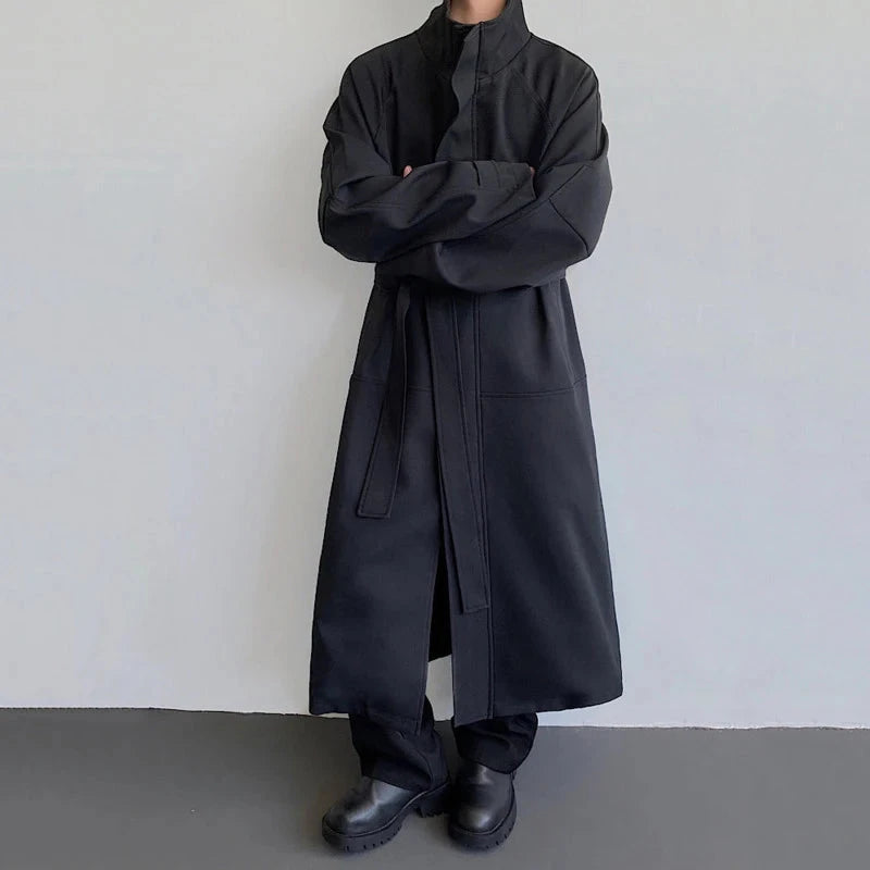 AIDASE  -  Autumn New Men's Mid-Length Trench Coat Korean Style Over-the-Knee Long Sleeve Lace-up Stand collar Windbreaker 21E7663 aidase-shop