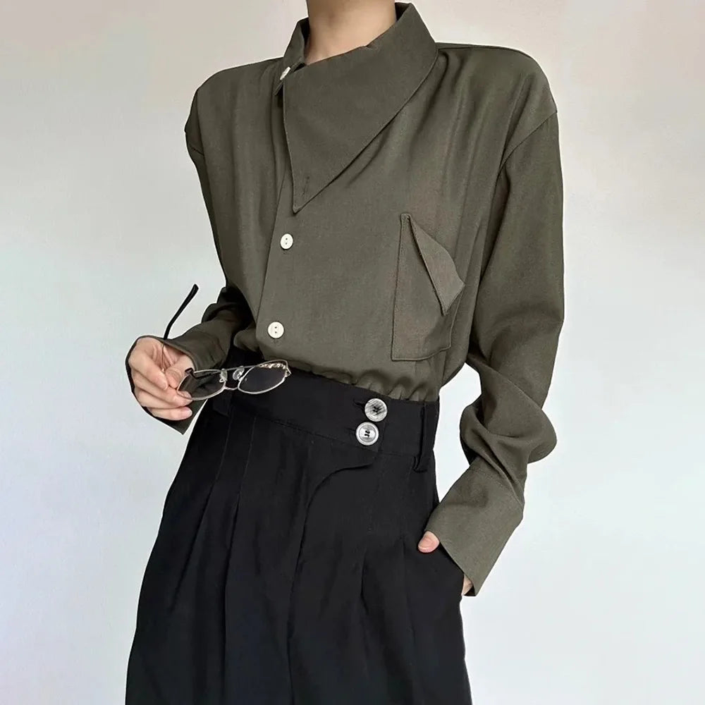 AIDASE  -  Spring New Men's Long Sleeve Solid Color Shirt Elegant Retro High-End Fashion Loose Neckline Design Irregular Men's Tops aidase-shop