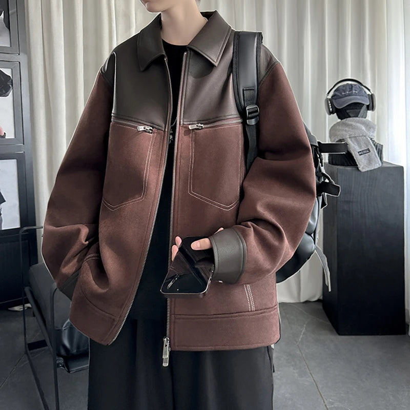 AIDASE  -  Trend Men's Jacket PU Leather Faux Suede Patchwork Design Contrast Color Casual Long Sleeve Lapel Male Coat Tide 21E7100 aidase-shop
