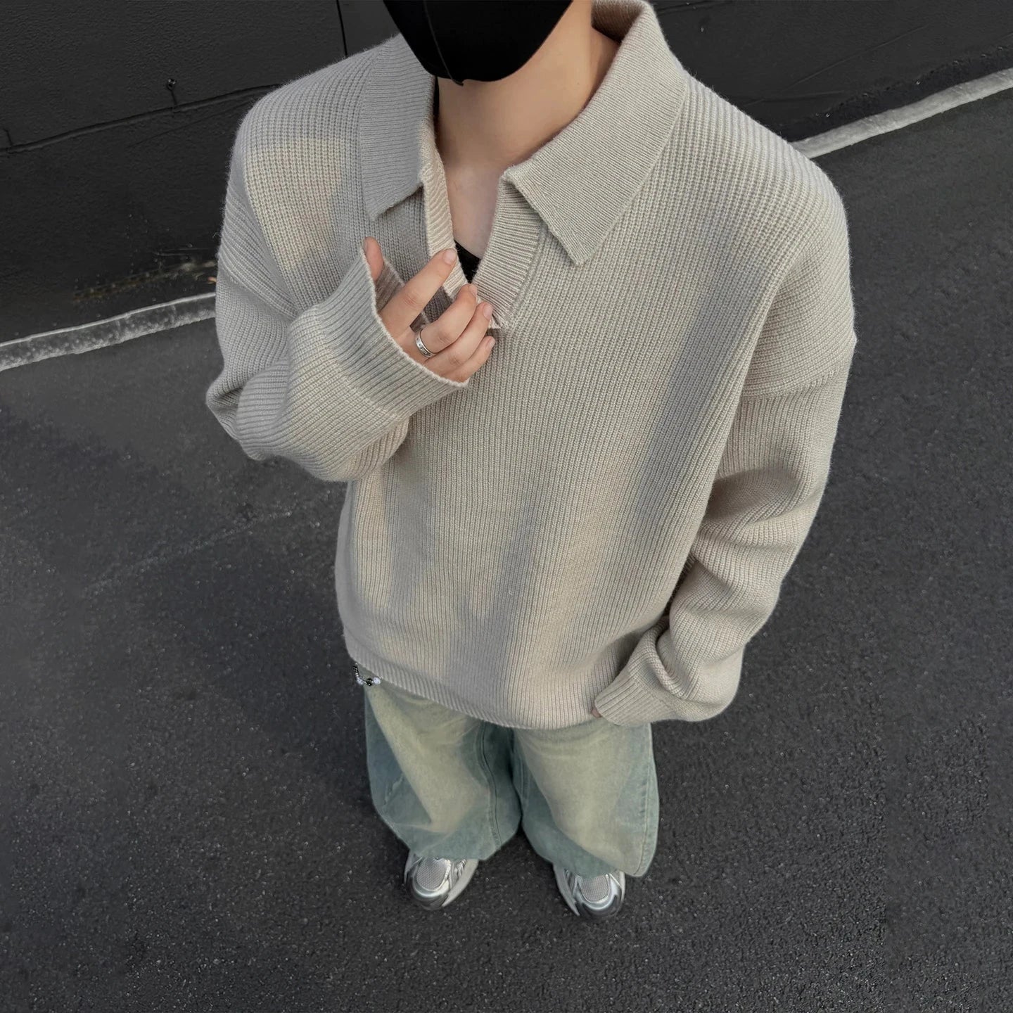 AIDASE  -  Autumn Winter Men's Sweater Korean Style Loose Long Sleeve Lapel Solid Color Male Pullover Fashion Casual Tops 21E7478 aidase-shop