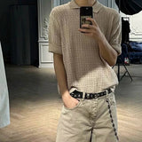 AIDASE  -  Men's Solid Color Hollow Knitted Short-Sleeved T-Shirt American Retro Fashion Trend Loose Casual Breathable Summer Men's Tops aidase-shop