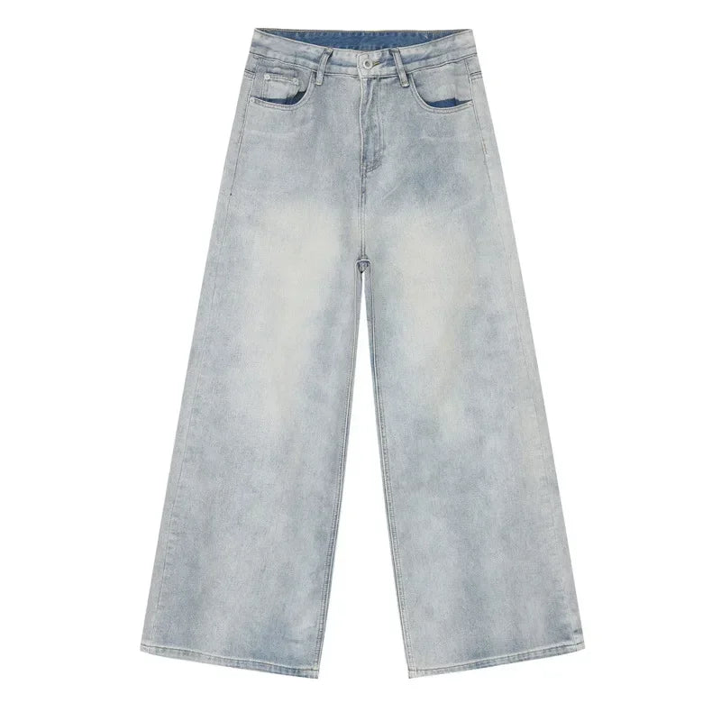 Aidase Korean Style Retro Fashion Distressed Light Blue Jeans Men Zippered Loose Casual Straight Leg Wide Leg Pants aidase-shop