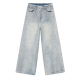 Aidase Korean Style Retro Fashion Distressed Light Blue Jeans Men Zippered Loose Casual Straight Leg Wide Leg Pants aidase-shop
