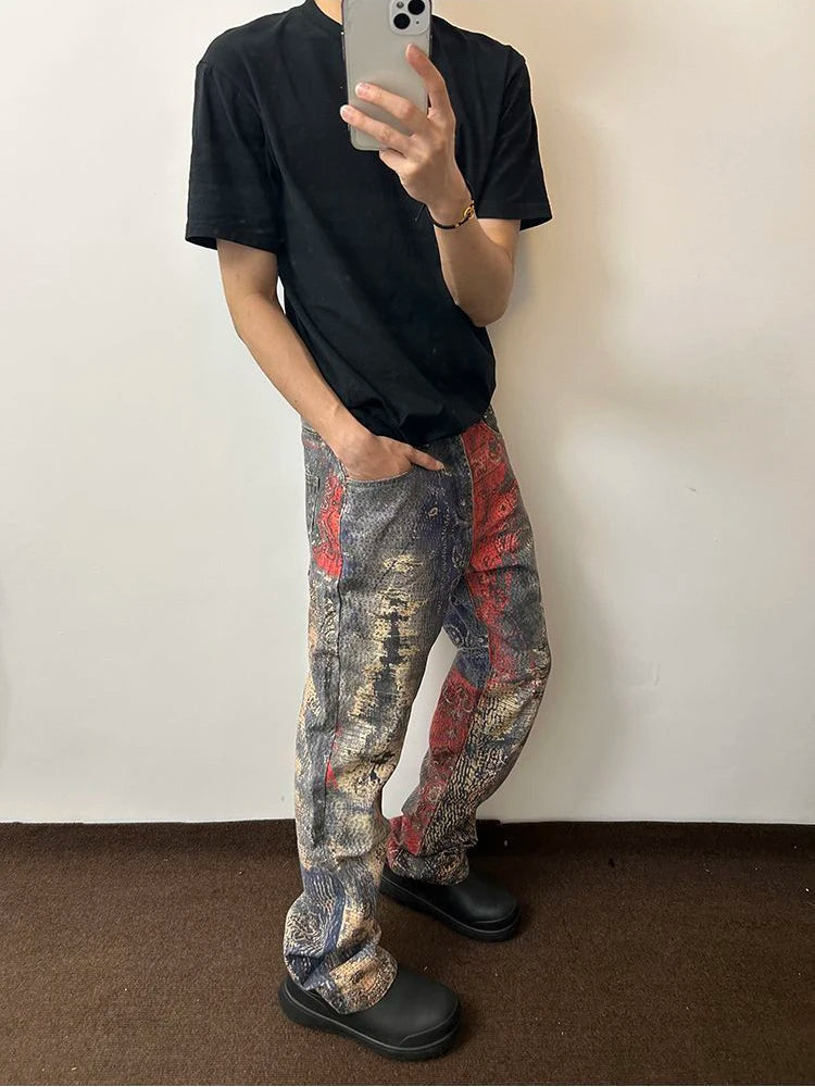 AIDASE  -  High Street Vintage Wshed Cashew Flower Digital Printed Denim Cargo Jeans Baggy Vintage Y2k Jeans pantalones hombre y2k clothes aidase-shop