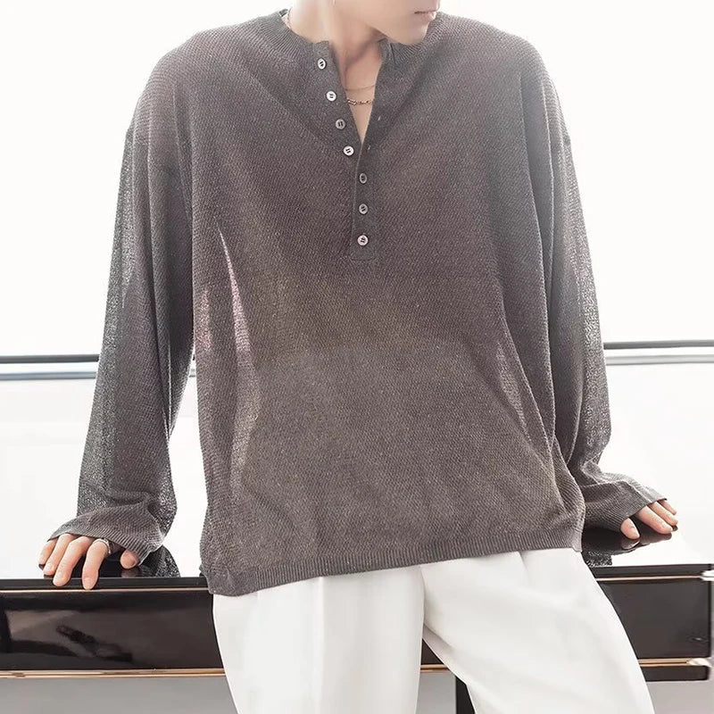 AIDASE  -  Spring Autumn Casual Men's Knitting Tops Stylish Knitted Henley T Shirts Mens Trendy Long Sleeve Button Hollow Out Knit T-shirt aidase-shop