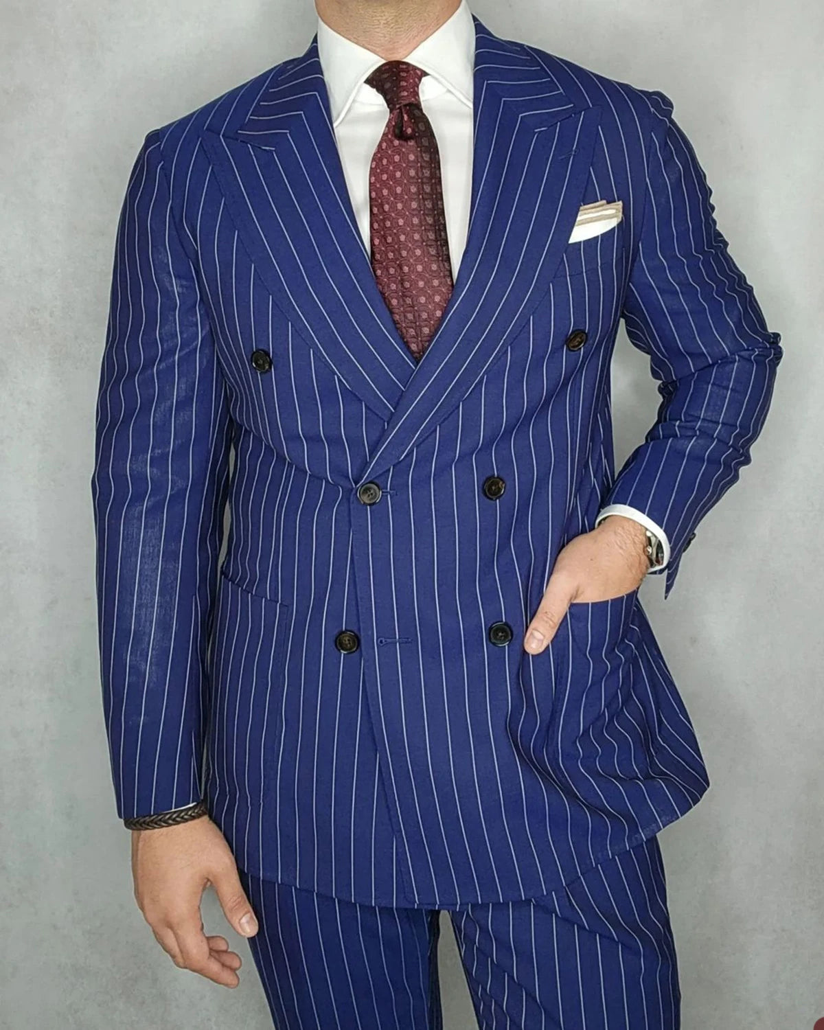 Aidase Navy Blue Men's Suit 2 Pieces Blazer Pants Double Breasted Peaked Lapel Pinstripes Business Modern Wedding Groom Costume Homme aidase-shop