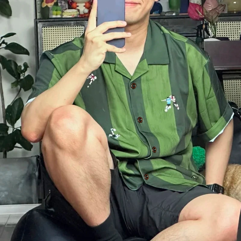 AIDASE  -  Men Shirt Striped Printing Lapel Short Sleeve Loose Casual Men Clothing Summer Streetwear 2025 Fashion Male Shirts Tops aidase-shop