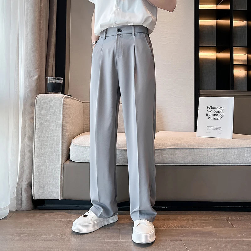 Aidase Summer Men Thin Casual Suit Pants Long Straight Drape Silky Wide Loose Trousers Male Elastic Waist Oversize Clothes Black White aidase-shop