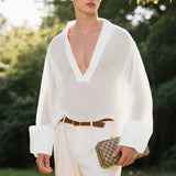 AIDASE  -  Men T Shirt Solid Color V Neck Long Sleeve Loose Casual Male Tee Tops 2025 Streetwear Translucent Fashion Men Clothing aidase-shop