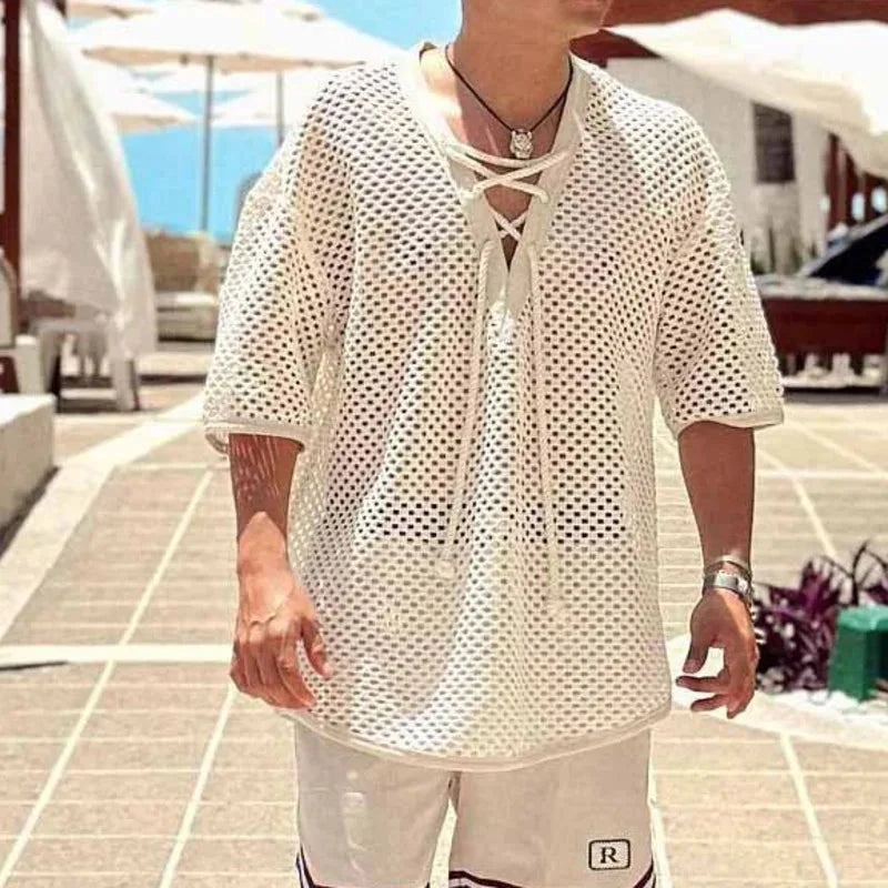 AIDASE  -  Summer New Man's Tide Mesh Hollow Out Knitted T-shirt V-Neck Short Sleeve Pullover Casual High Street Chic Sexy Tops W11957 aidase-shop