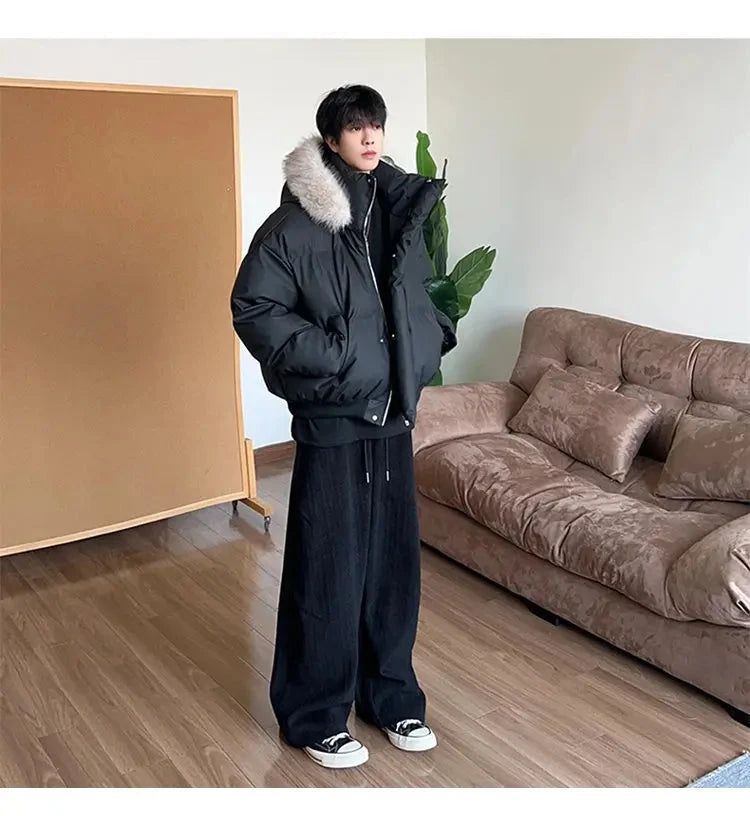 AIDASE  -  Detachable Hooded Men's Cotton Jacket American Style Short Fur Collar Long Sleeve Solid Color Casual Male Coats 21E7670 aidase-shop