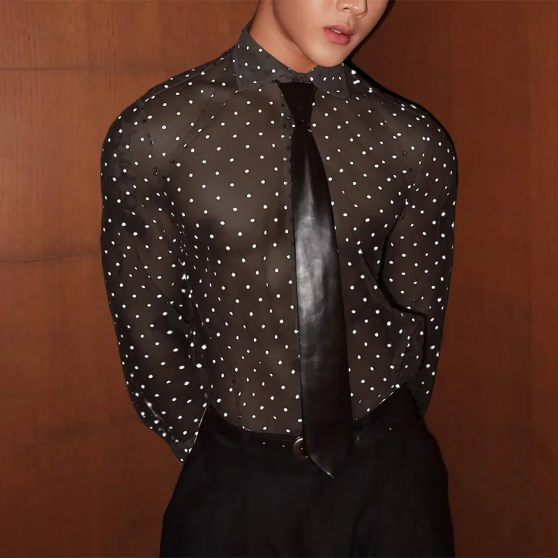 AIDASE  -  Men Shirt Polka Dot Printing Lapel Long Sleeve Button Men Clothing Mesh See Through Loose Fashion Male Shirts Streetwear aidase-shop
